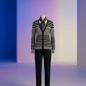 Pol size L Black & White Striped V-Neck Cardigan 100% Cotton